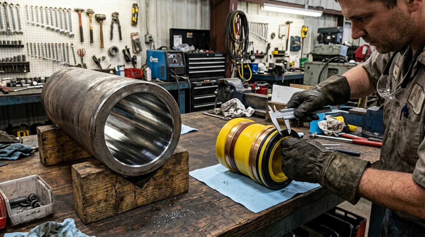 Heavy equipment technician measuring a yellow high-pressure polyurethane concrete ram piston assembly with bronze guide rings and lip seals using a vernier caliper next to a mirror-polished hard-chrome bore concrete delivery cylinder barrel on wooden V-blocks.
