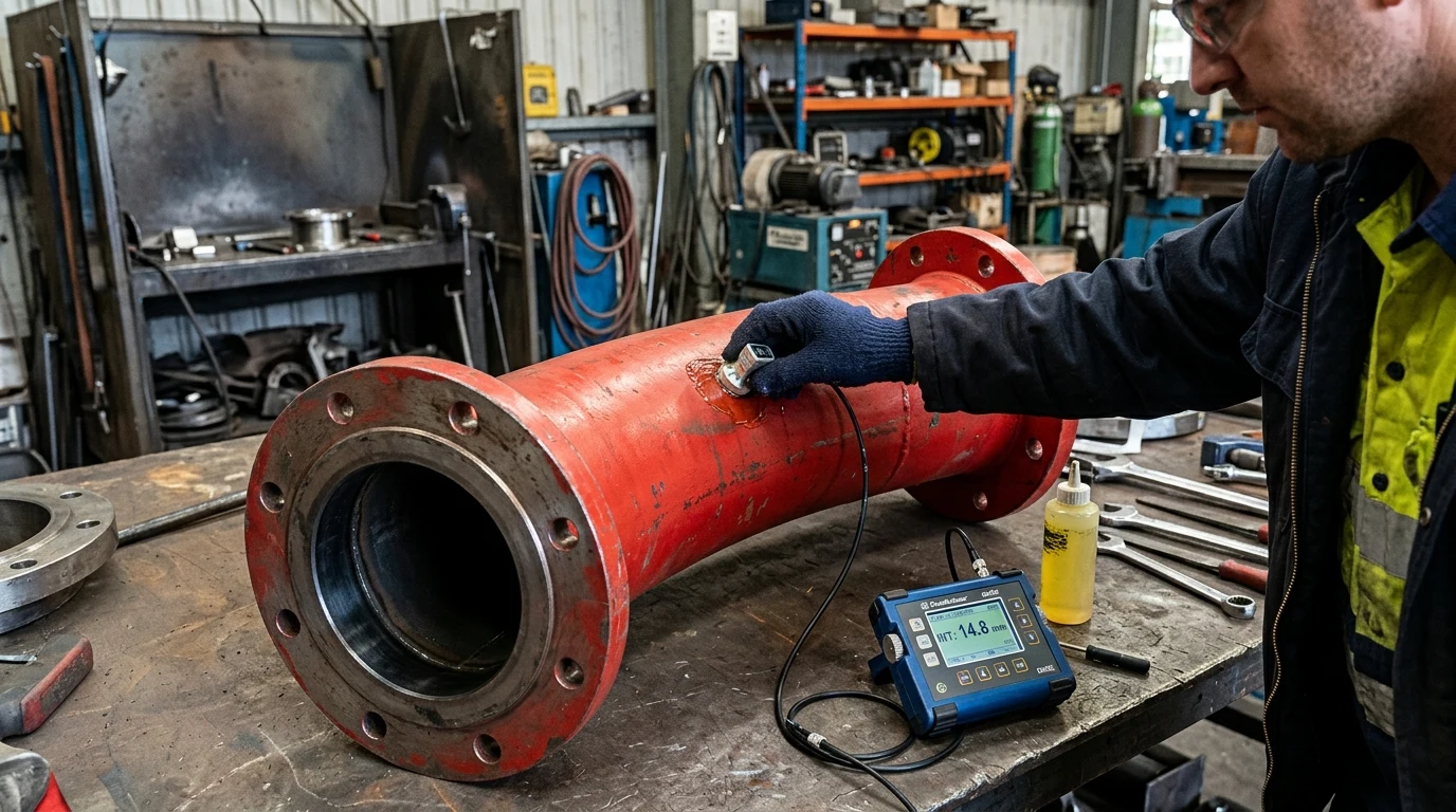 Technician pressing an ultrasonic thickness UT gauge probe onto the outer radius of a red DN125 twin-wall concrete boom delivery pipe elbow with machined 148mm SK steel flange collars showing the inner hardened chrome-alloy wear liner.
