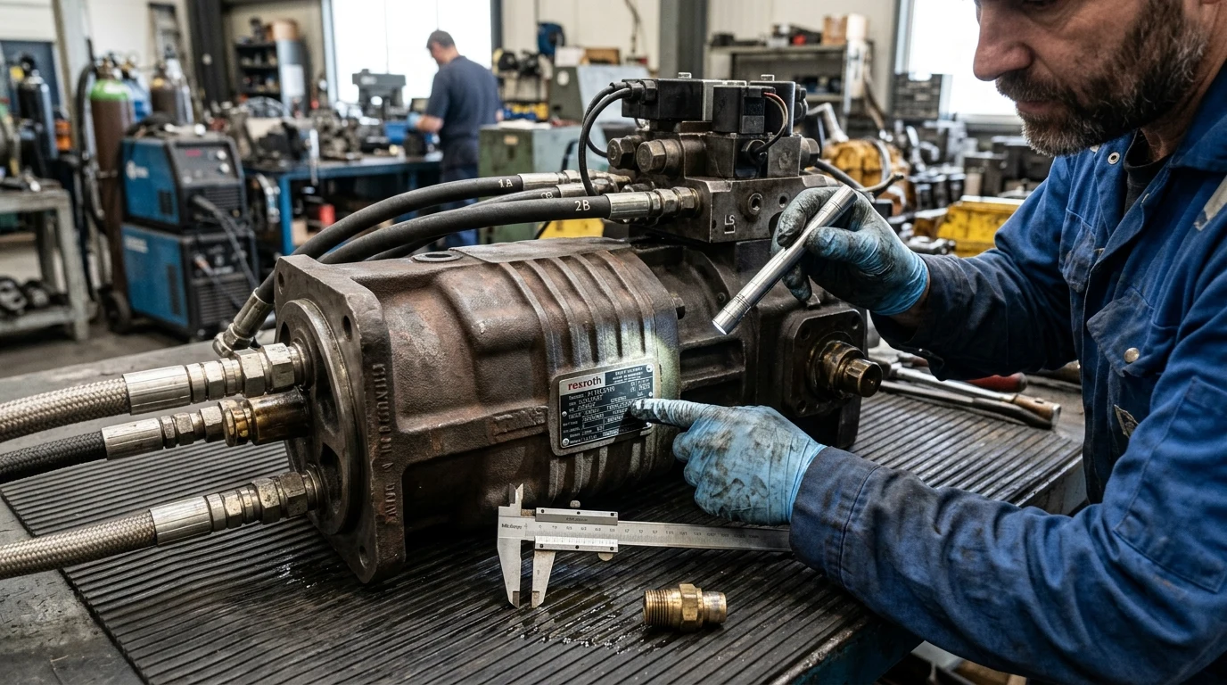 Heavy equipment mechanic illuminating the riveted metal specification dataplate on a Bosch Rexroth A11VO variable axial-piston hydraulic main pump on a workshop bench with a penlight alongside a vernier caliper.