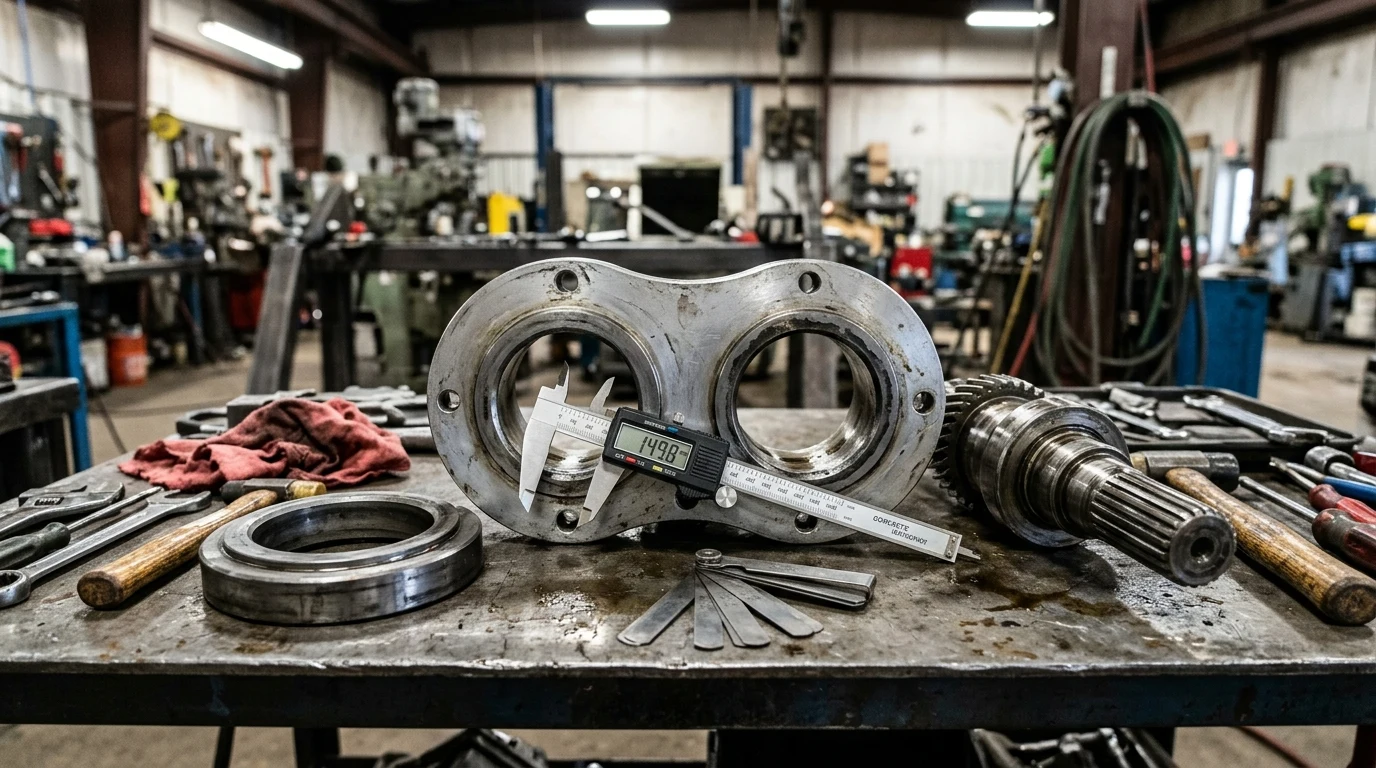 SANY concrete pump S-valve hopper wear kit on a heavy steel workbench showing a figure-8 tungsten-carbide inlaid spectacle wear plate, circular tungsten-carbide cutting ring, splined 38CrMoAl S-tube shaft, digital vernier caliper measuring the port bore, and feeler gauge.