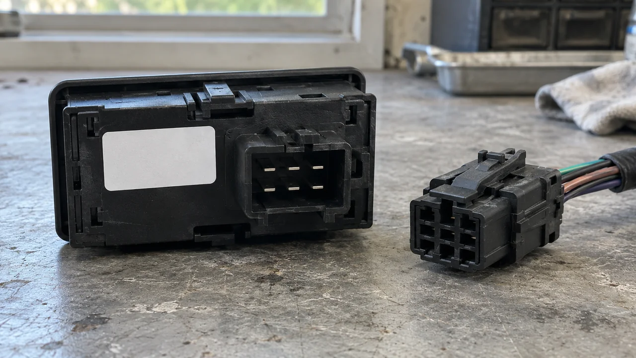A black switch housing with a blank white label and a separate plastic connector on a workbench.