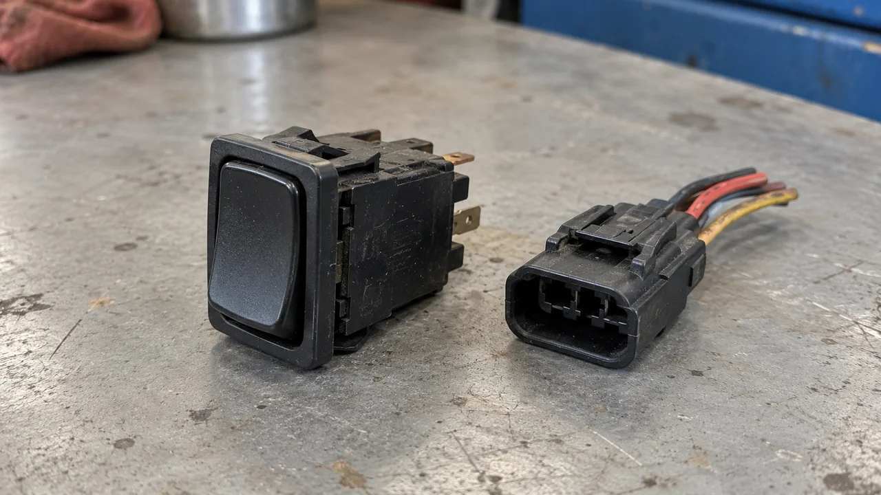 A black rectangular rocker switch and a loose wiring connector on a gray workbench.