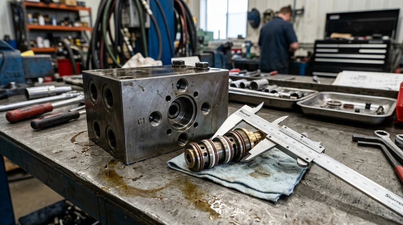 Machined steel crane telescopic boom counterbalance valve manifold block next to a brass-and-steel screw-in load-holding cartridge valve with Viton O-rings, PTFE backup rings, and a bagged seal kit on a steel workbench.