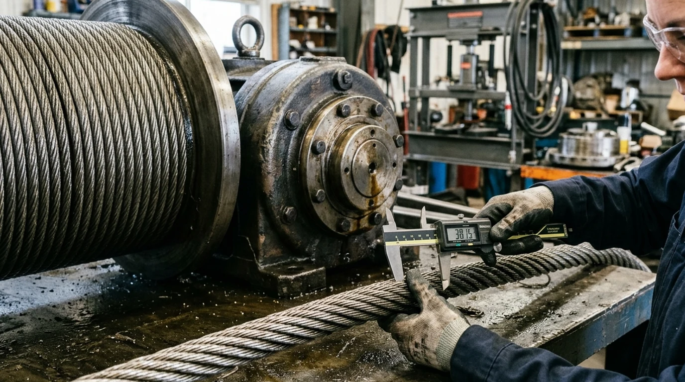 Split workshop inspection photograph: on the left, an opened planetary winch and swing reducer carrier assembly with Duo-Cone floating seals and magnetic drain plug on a steel bench; on the right, a heavy splined winch drive shaft with a thread and spline pitch gauge.