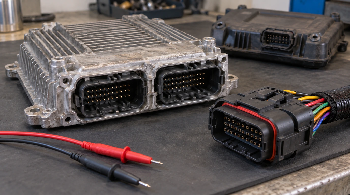 Close-up bench inspection of a cast-aluminum SANY SYMC crane programmable controller module showing multi-pin waterproof CAN-bus connector ports, mating braided harness plug with red silicone seal, and digital multimeter test leads.