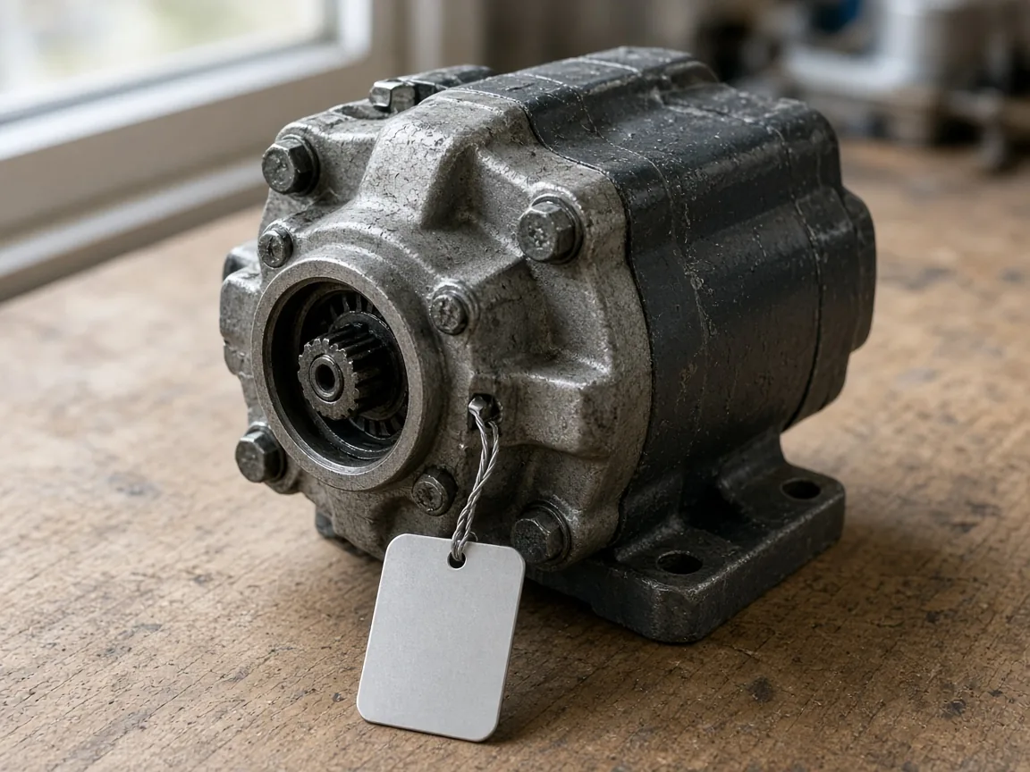 Removed hydraulic pump on a wooden bench with a blank metal tag hanging from it.