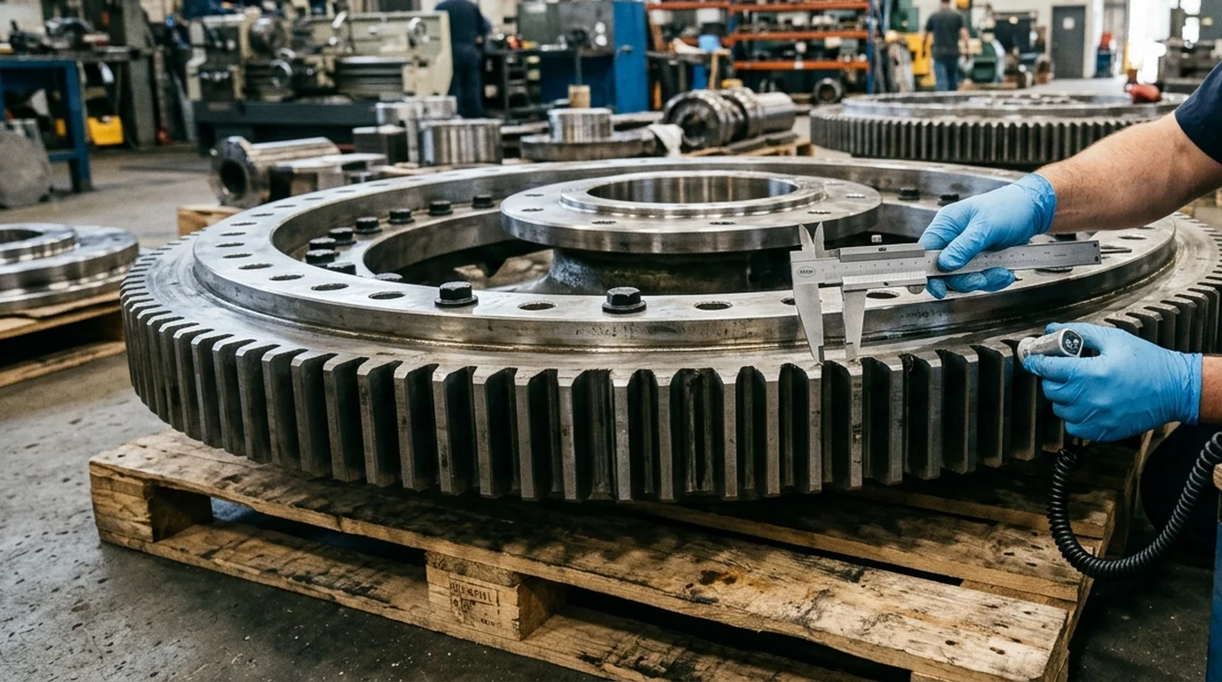 Split warehouse and workshop QA photograph: on the left, an inspector in blue gloves measures bolt-circle diameter and gear teeth on a heavy crane drive/slewing ring assembly with a vernier caliper; on the right, a technician performs ultrasonic hardness and case-depth NDT testing on a hardened 42CrMo alloy steel pin and bushing cutaway.