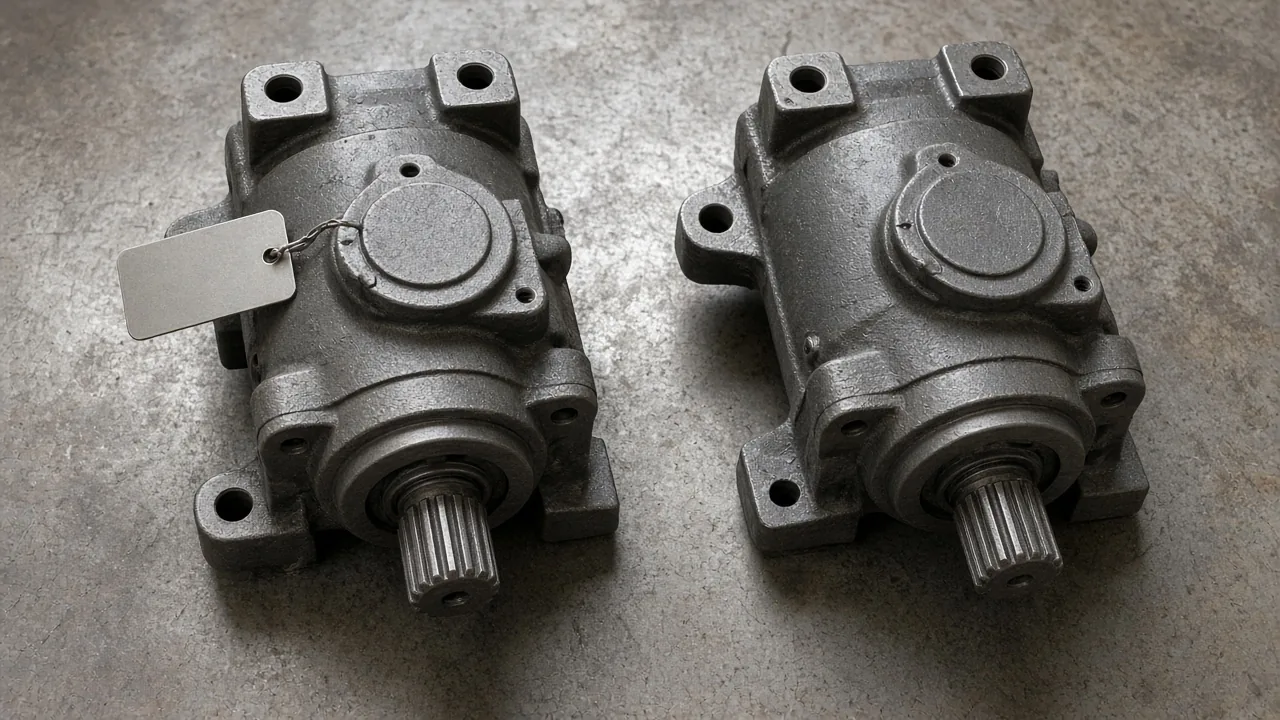 Two similar hydraulic motors on a bench, one with a blank tag and one with no tag.