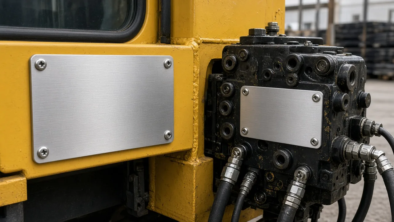 Blank metal plate on a yellow crane cab beside a second blank plate on a hydraulic manifold.