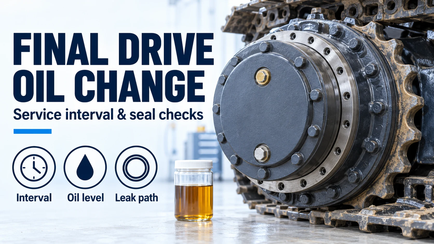 Final drive oil change banner with a circular gearbox hub, oil sample and interval, oil level and leak path icons.