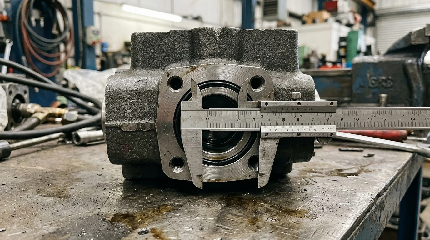 Stainless-steel vernier caliper seated flush across the 4-bolt split-flange hydraulic port face and O-ring groove of a cast-iron excavator valve housing on a workshop bench.