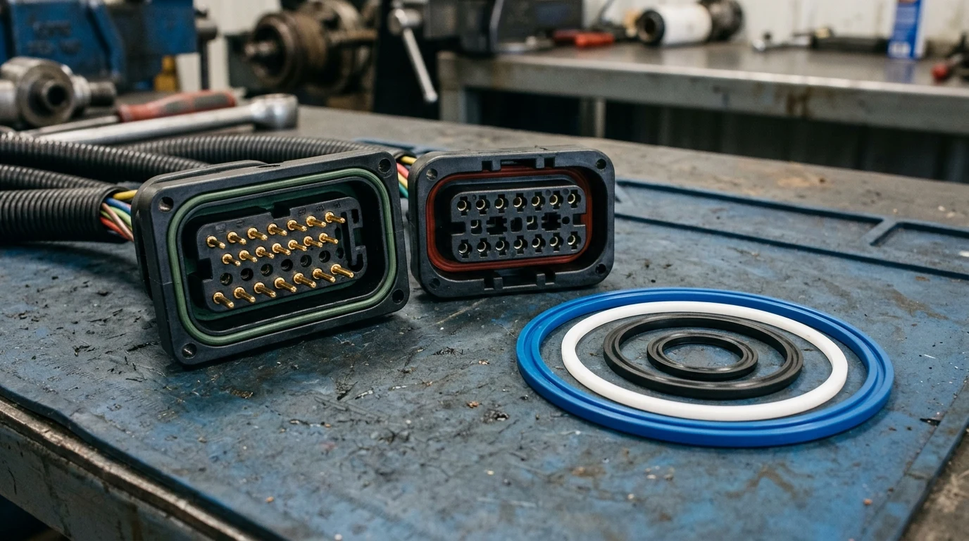Multi-pin waterproof excavator harness plug and receptacle face-up showing terminal pins and keying slots next to concentric hydraulic cylinder seals laid out on a blue workshop mat.