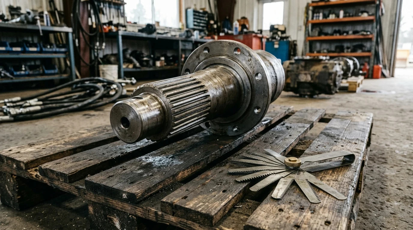 Removed excavator hydraulic motor splined output shaft and mounting flange resting on a wooden workshop pallet beside a fanned steel thread-pitch gauge tool.