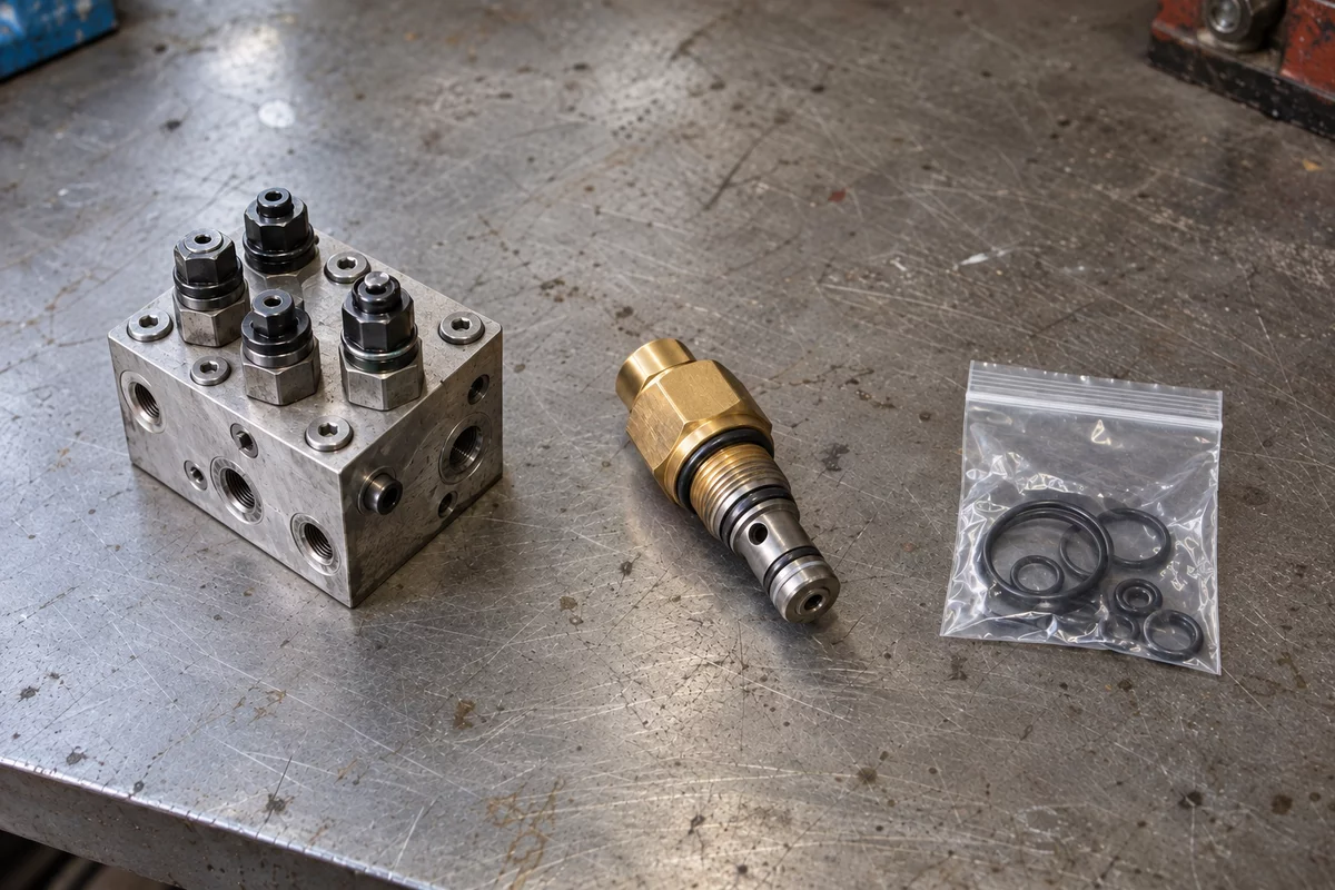 Illustration of an assembled hydraulic valve block, a separate cartridge valve and a bag of seals laid out apart on a workbench