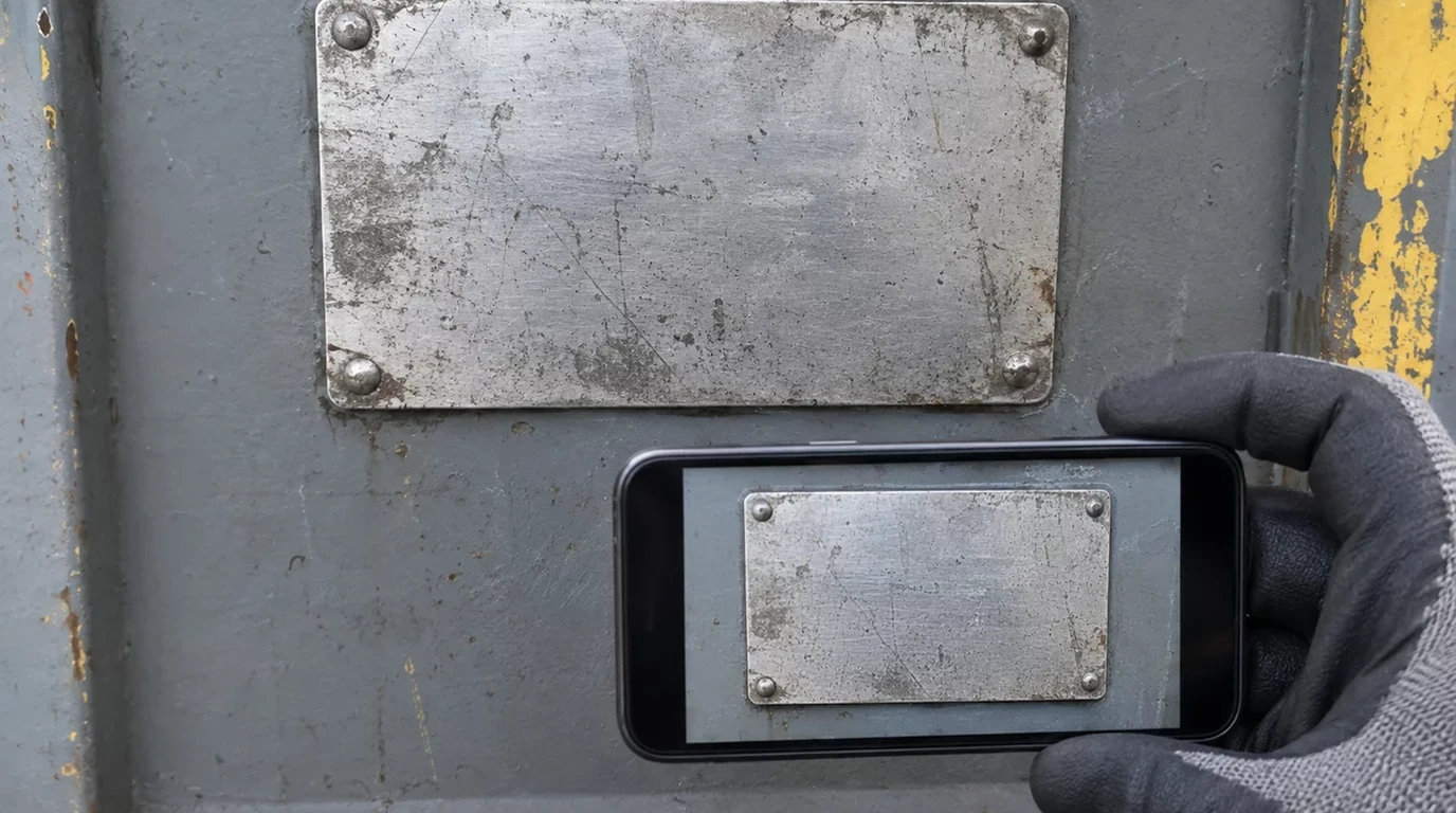 Gloved port maintenance technician photographing a riveted stainless steel specification plate straight on with a smartphone to capture exact model, BOM, and serial characters without parallax glare.