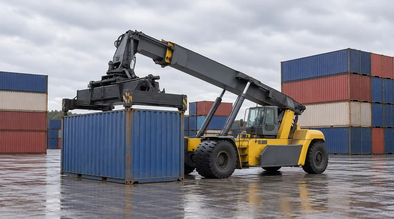 Container reach stacker operating in a port terminal yard hoisting an ISO shipping container with its telescopic boom and top-lift spreader, illustrating the four separate subsystem identification zones: chassis PIN, powertrain compartment, front planetary drive axle, and overhead container spreader.