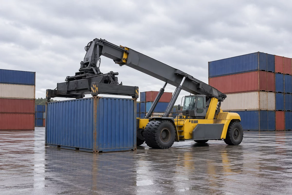 Illustration of a generic, unbranded reach stacker with a container spreader in a container yard