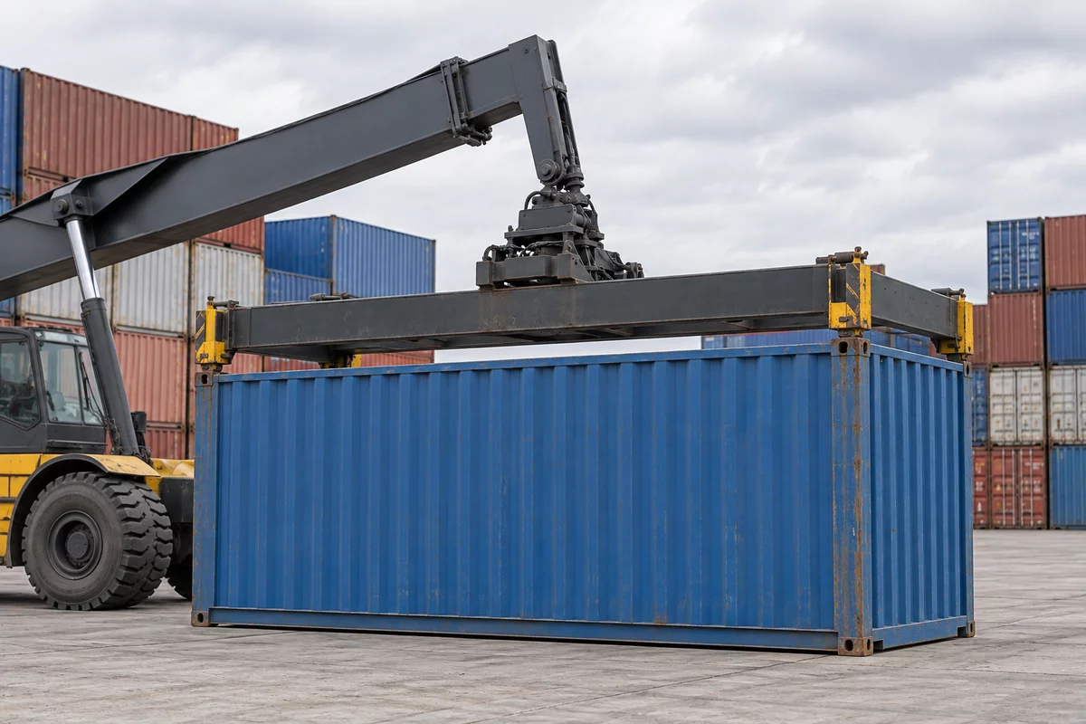 Illustration of a generic container spreader below the boom head of an unbranded reach stacker