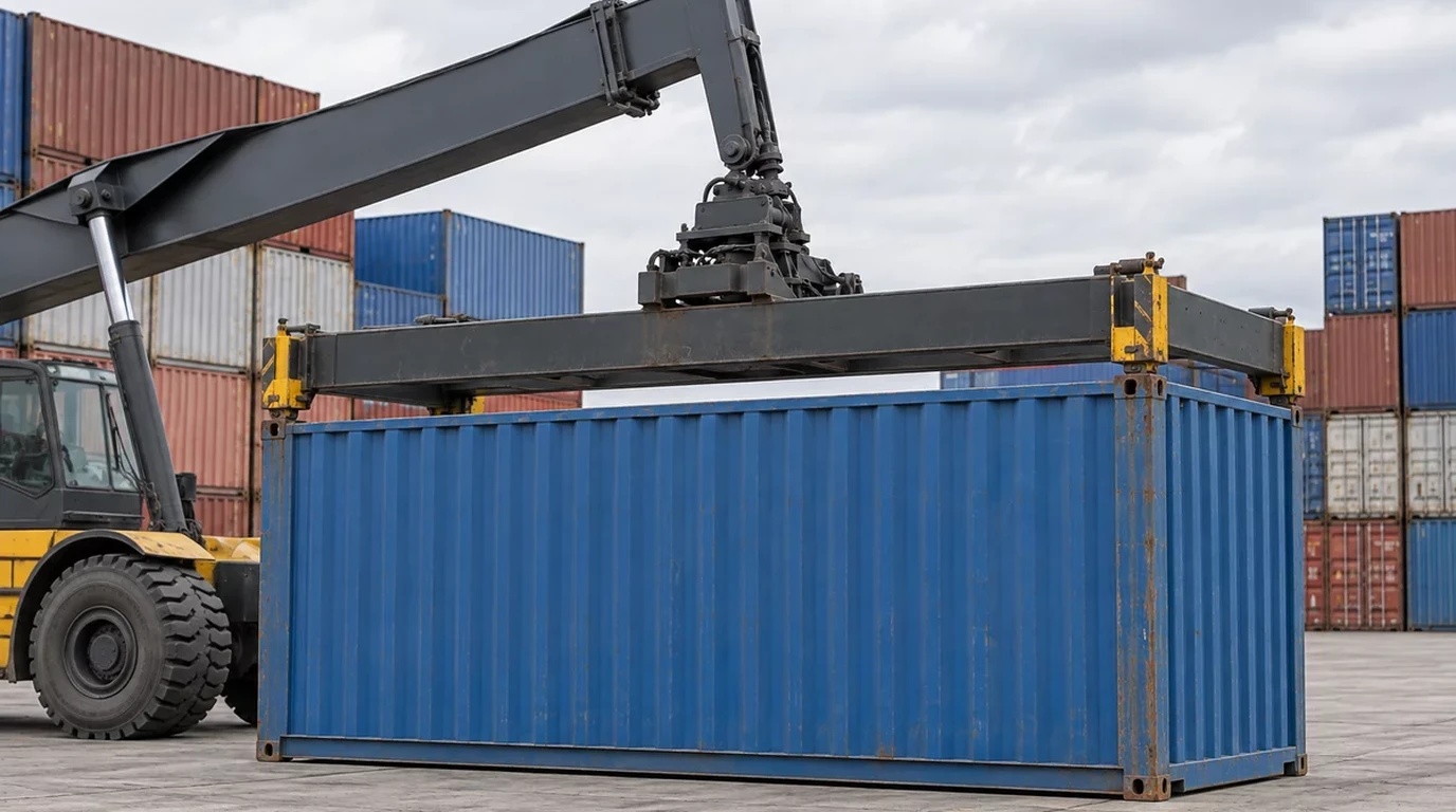 Overhead telescopic container spreader suspended beneath the reach stacker boom head engaged with the four top corner castings of a 40-foot ISO container, showing the center slewing rotator box, main telescopic beam, and yellow corner twistlock housings.