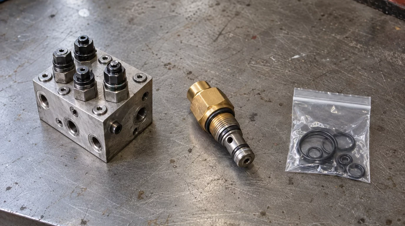 Three hydraulic replacement scope levels laid out side by side on a steel workshop bench: on the left, a complete machined hydraulic valve manifold block with four mounted cartridge valves; in the center, a single brass-and-steel screw-in cartridge valve; on the right, a bagged elastomer O-ring and backup ring seal kit.