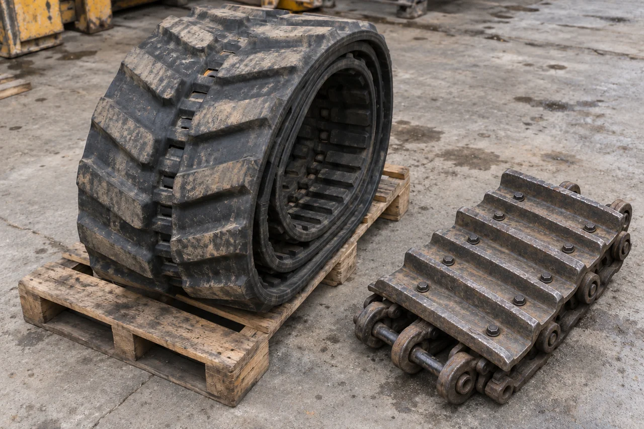 A coiled black continuous rubber excavator track belt on a wooden pallet beside a section of dark grey steel triple-grouser track shoes bolted to chain links on a concrete shop floor.