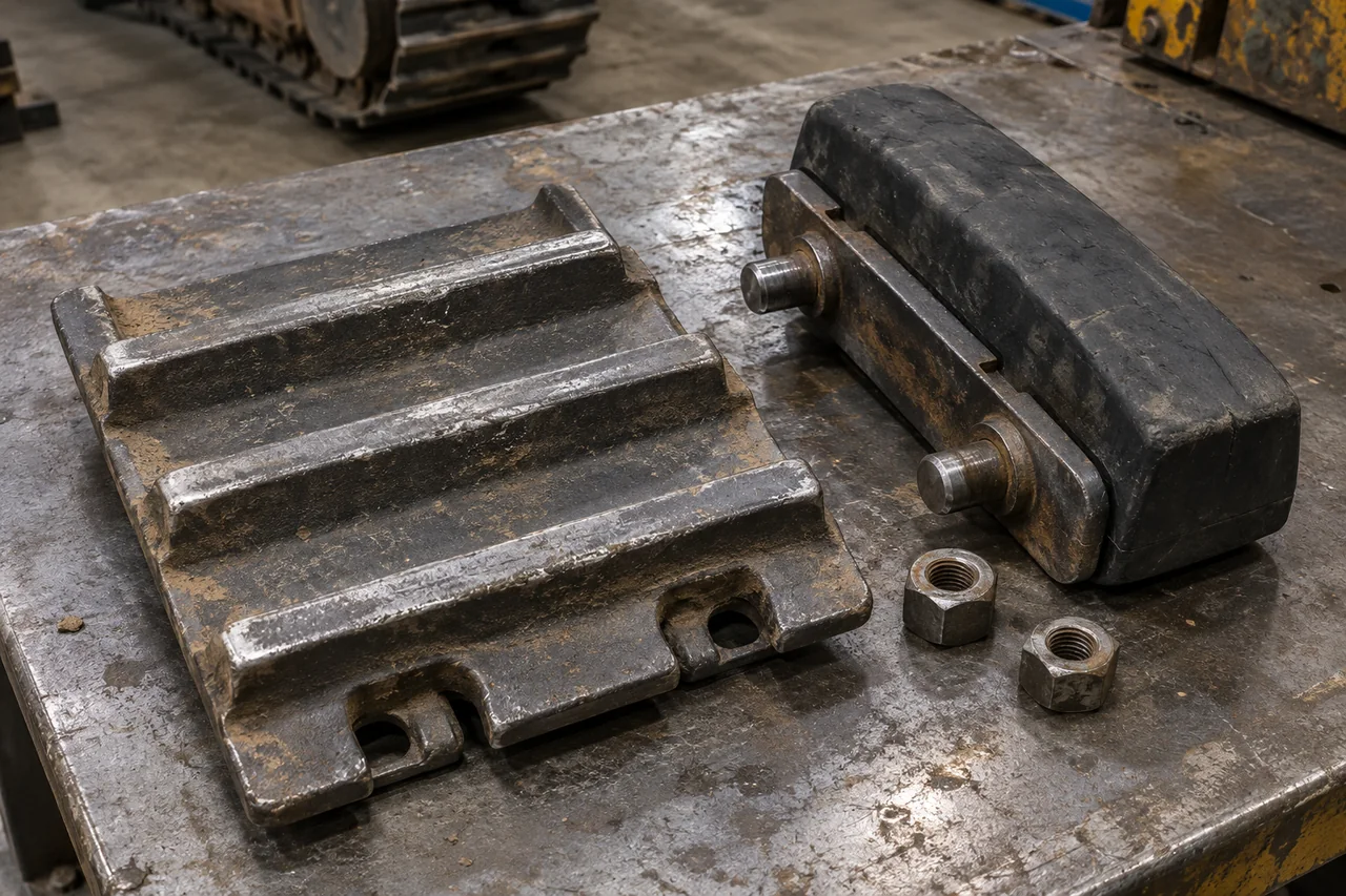 A removed dark grey steel triple-grouser track shoe beside a black vulcanized bolt-on rubber track pad and two hex nuts on a steel workbench.