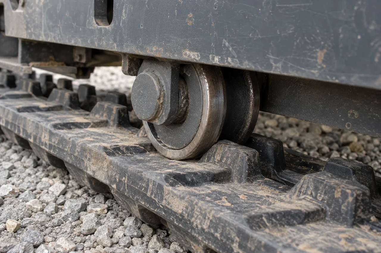 Close-up of a dark grey steel bottom track roller flange resting against the inner guide lugs of a rubber excavator track along a painted track frame.
