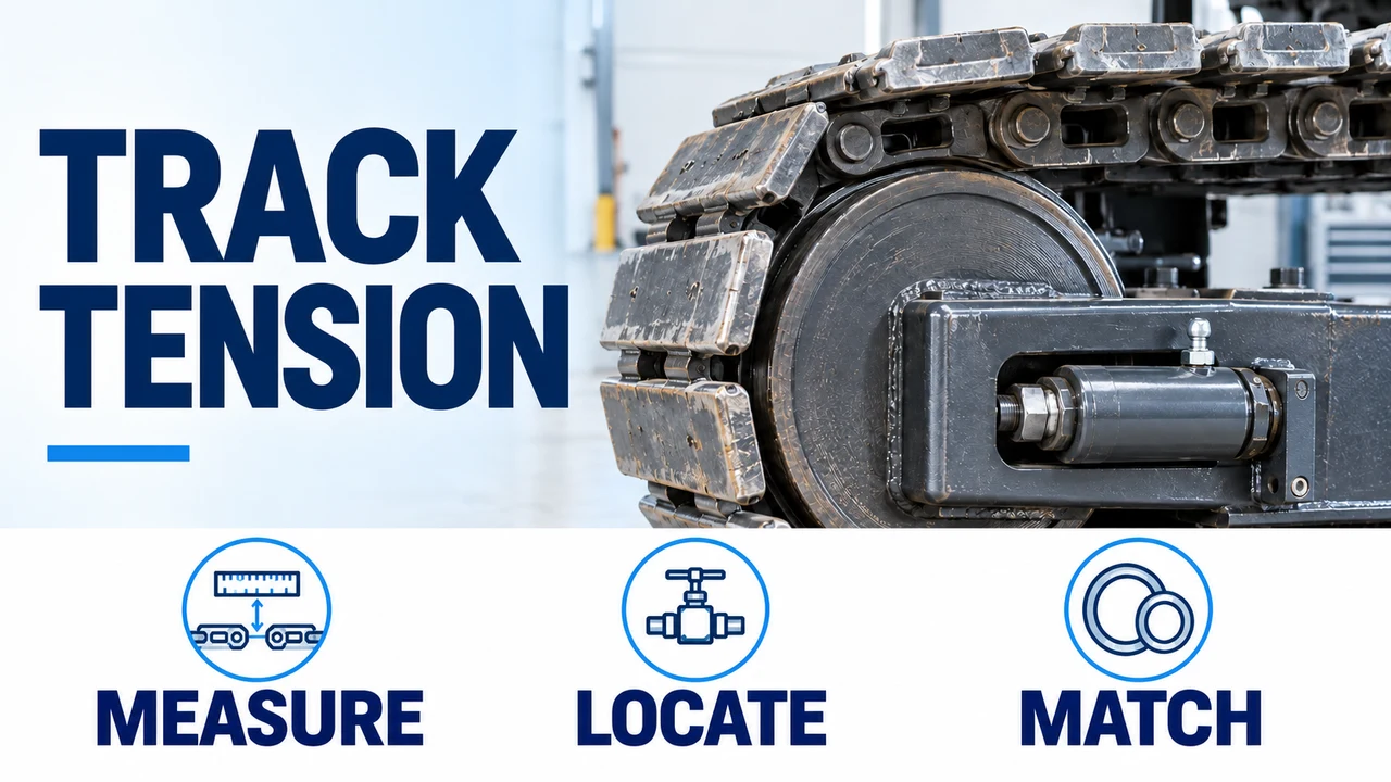 Track tension banner with steel crawler hardware and Measure, Locate and Match icons.
