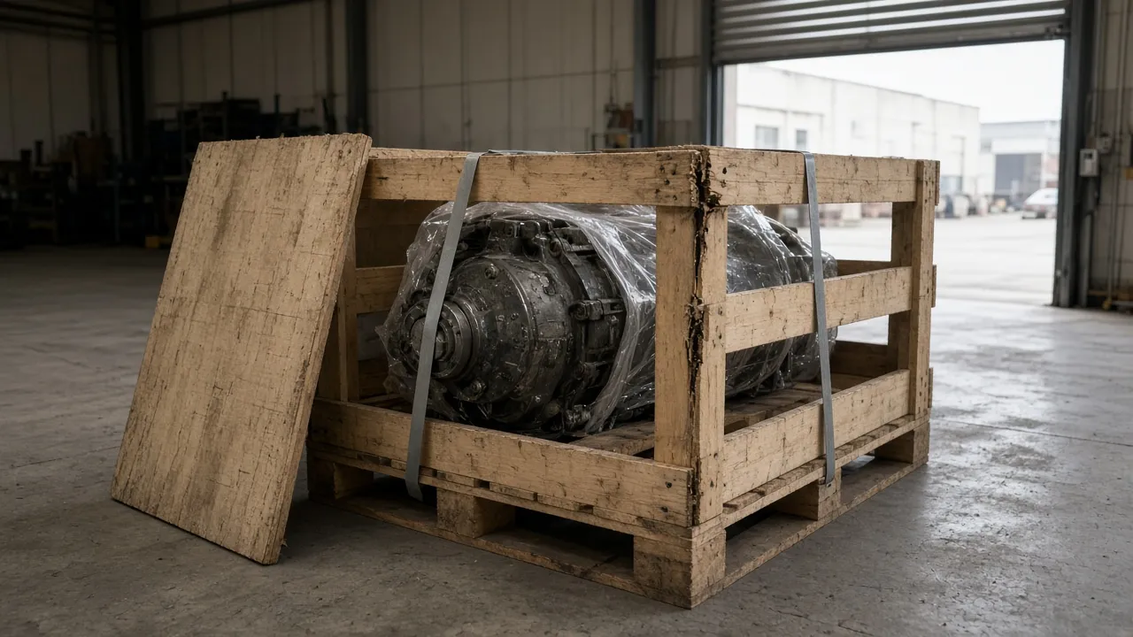 A used hydraulic component wrapped in plastic film and strapped inside an opened wooden crate, with one corner post of the crate split.