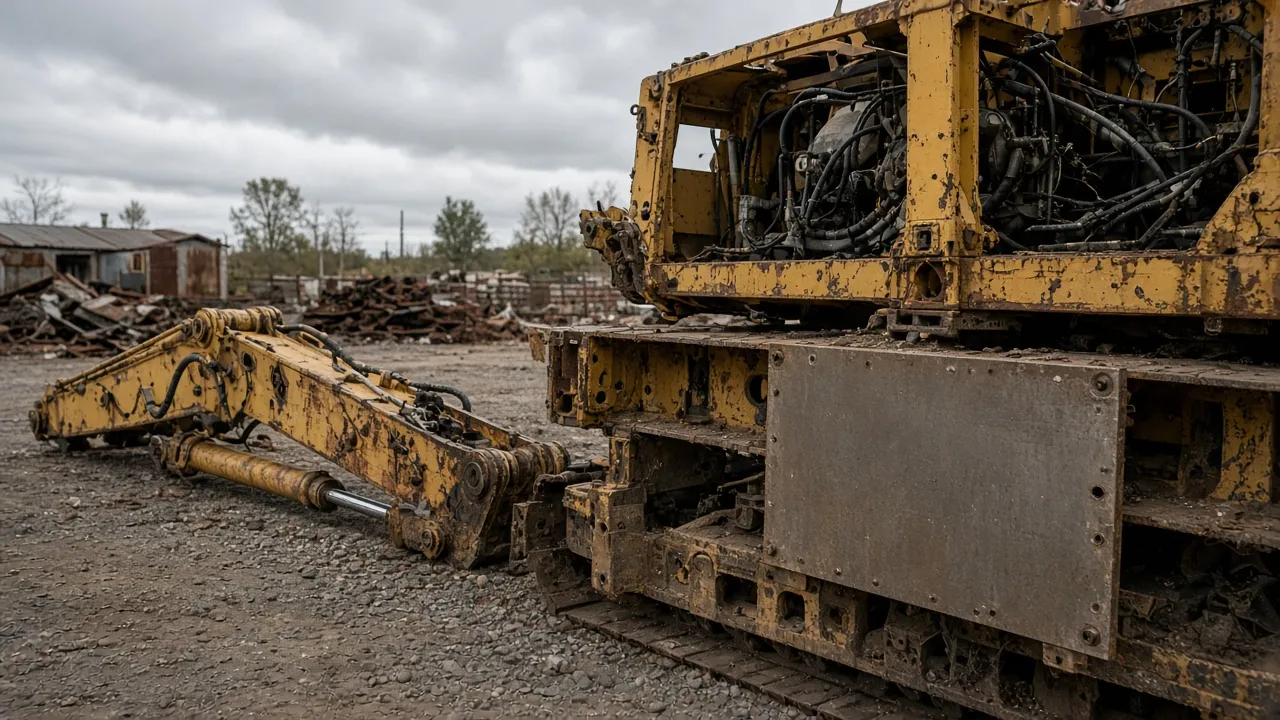 A partly dismantled yellow excavator in a yard, its boom and arm lying on the gravel, with a blank steel plate on the frame.
