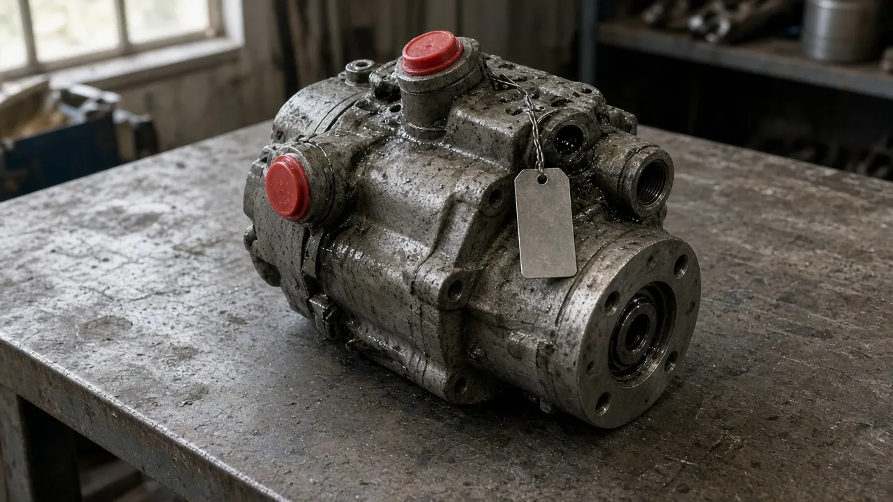 A used hydraulic pump with oil residue on a workshop bench, a blank metal tag tied to it, two capped ports and one open port.